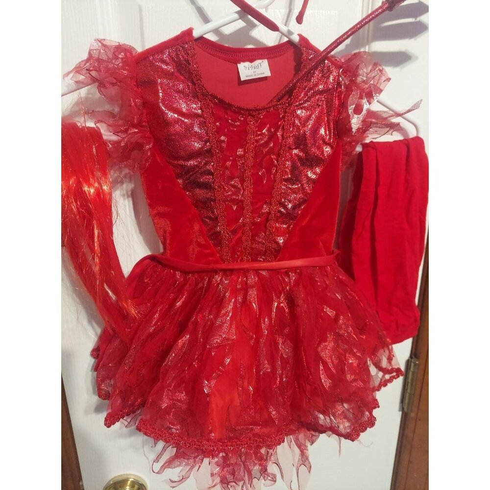 Spirit Devil Halloween Costume Dress Headband Tights Hair Pitchfork Size 2T - Picture 4 of 10